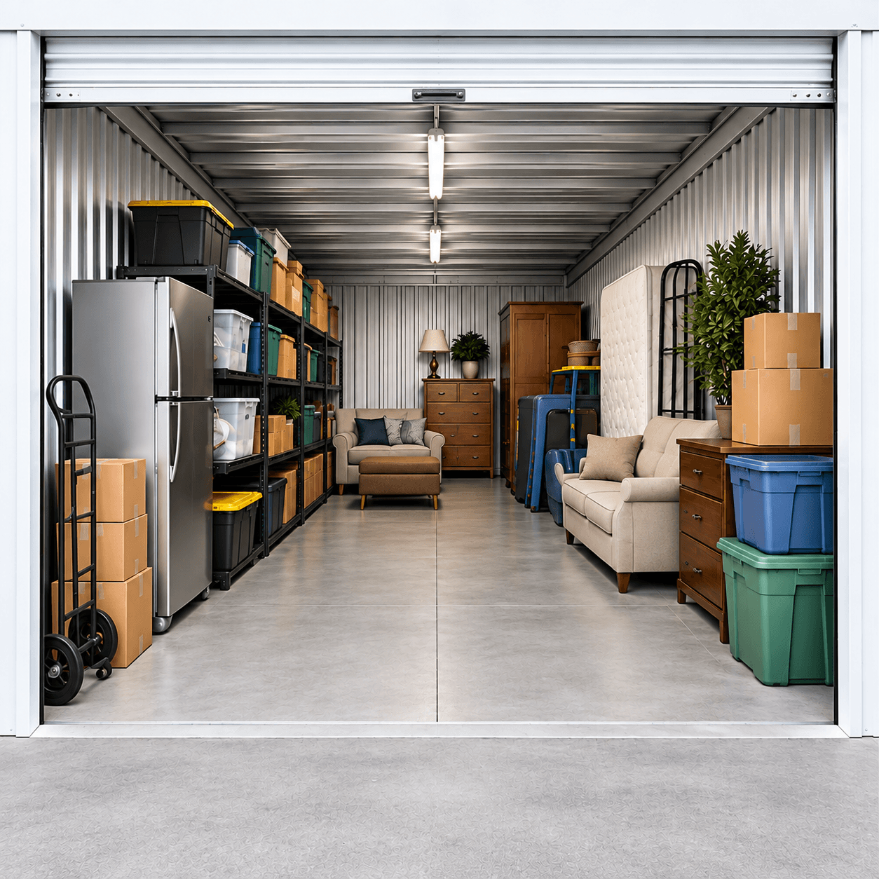 Open storage unit holding furniture, shelving, and boxes